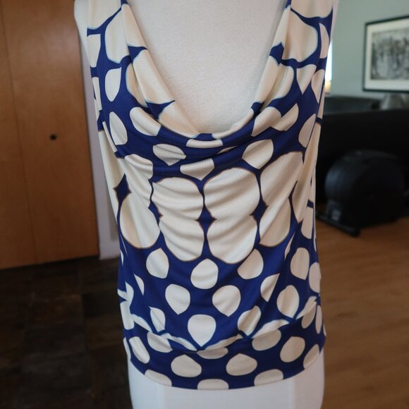 Diane von Furstenberg DVF silk blouse top cowl neck front &back blue cream sz S - Picture 2 of 14